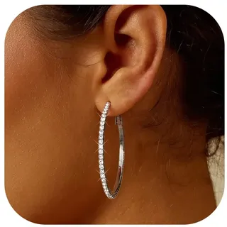 MILACOLATO Silber Creolen Ohrringe für Damen, Funkelnde Cubic Zirkonia Große Creolen Hängeohrringe, 925 Silber Klappohrring Post, Hypoallergen CZ Großer Klappcreolen Ohrringe Schmuck 30mm