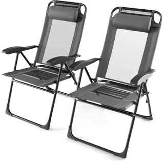 COSTWAY 2er Set Gartenstühle, Klappstühle mit Kopfstütze, klappbarer Outdoor-Stühle mit 7-Fach Verstellbarer Rückenlehne, Hochlehne, atmungsaktiv, für Garten, Terrasse, Hinterhof (Grau) - Grau