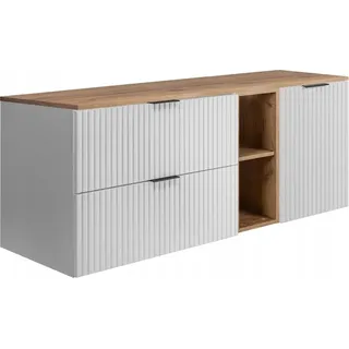 Rodan | Badezimmerschränke 140cm | Weiß Matt - Holz | B/H/T 140/57/46 cm | Geriffelte Türen - Braune Platte - Badmöbel - Badschrank - Bücherregal - Weiß