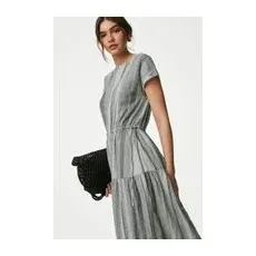 Womens M&S Collection Linen Rich Striped Midi Shift Dress - Black Mix, Black Mix - 14