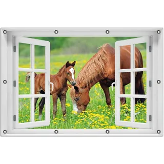Wallario Outdoor-Poster für Garten oder Balkon 80 x 120 cm: Pferde auf der Koppel - Grün