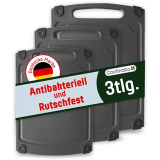 Coolinato – Schneidebrett Kunststoff Grau 3er Set S/M/L – Schneidbrett antibakteriell mit Saftrille, Rutschfesten Ecken & Griff - 3 Größen für hygienische Trennung – Spülmaschinenfeste Küchenbretter