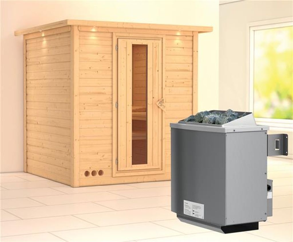 Bild von Sauna Mojave mit Ofen integr. Steuerung, Dachkranz + 9kW intern Holztür