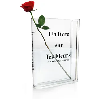 Buchvase Transparent Acryl – Book Vase in Bücherform, Blumenvase als Zimmer Deko, Klare Vase für Tulpen, Blumen, Bücherregal & Tischdeko im Wohnzimmer Büro Schlafzimmer (Transparent)