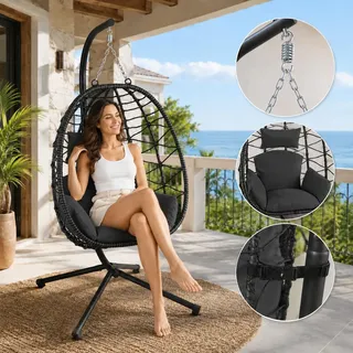 Makika Hängesessel mit Gestell höhenverstellbar aus Polyrattan in Schwarz - Schwarz