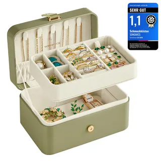 SONGMICS GISELLA Kollektion - Schmuckkästchen Reise mit 2 Ebenen, Schmuckkasten klein, Schmuckaufbewahrung, tragbar, für größere Accessoires, Geschenkidee, 11,6 x 16 x 7,5 cm, salbeigrün JBC166C02