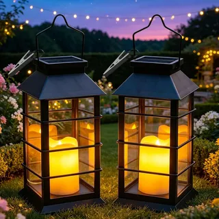 Cozymeow Solar Laternen für Draußen, 2 Stück solarlaterne für außen 22cm H | Flammeneffekte Kerze, Hängend Solar Laternen Wetterfest Solar Tischlampe Outdoor für Terrasse Balkon Pavillon Deko
