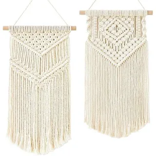 Ibenzoa® 2er-Set kleine Boho-Wandteppiche aus Baumwollgarn mit stabilen Holzstäben – Wandbehang für Innen & Außen, Deko für Wohnzimmer & Schlafzimmer - Beige