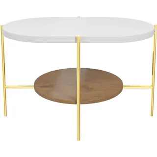 Arena Moderner Couchtisch mit 2 Ablagen / Oval + Rund / 80 x 50 x 50 cm / mit Gold Metallgestell / Weiß / Eiche - Weiß