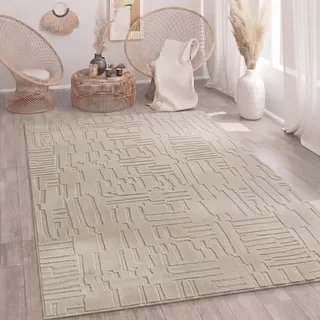 Paco Home Teppich Wohnzimmer Schlafzimmer Hochflor Skandinavisch Boho Optik Geometrisch Abstrakt Einfarbig Flauschig 3D Beige, Grösse:160x220 cm