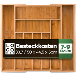 Loco Bird Besteckkasten für Schubladen aus Bambus ausziehbar bis 50cm - Besteckeinsatz für Schubladen verstellbar - Besteck Organizer Küche Holz - Schubladeneinsatz Küche - Cutlery Organizer