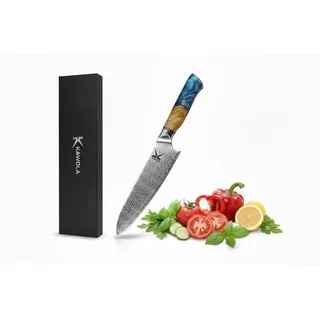 KAWOLA Damastmesser Santoku Kochmesser 21cm I Küchenmesser Damaststahl I Santoku Messer Damast I Damaststahlmesser Geschenkbox I Küchenmesser mit Gravur I Damaszener Allzweckmesser Unikat