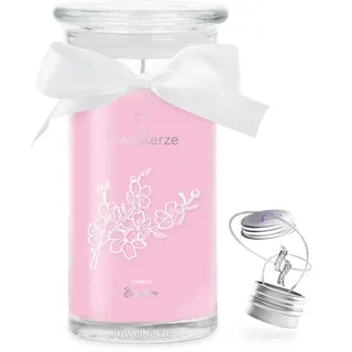 JuwelKerze Cherry Blossom Halskette Silber - Schmuckkerze 80 Std - große Duftkerze mit Blumigem Duft - rosa Kerze mit Schmuck Überraschung - Geschenke für Frauen, Geburtstag