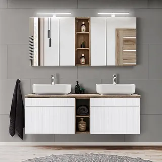 Badmöbel Waschplatz Set mit Doppelwaschtisch 140 cm IRAKLIO-56 in weiß matt mit Vintage Eiche Nb., B/H/T: ca. 140,4/200/46 cm - Weiß