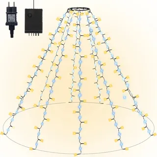 Gresonic 1.5M 8 Stränge Cluster Lichterkette mit Ring, 200LED Warmweiß and 128LED Kaltes Weiß alternating 8 modi Timer Fließendes Weihnachtsbaum Lichterkette Strombetrieb für Innen Außen