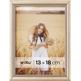 WOLTU Bilderrahmen 13x18, Fotorahmen aus Massivholz und PS-Platte, Holzrahmen mit Passepartout, zum vertikalen oder horizontalen Aufhängen/Aufstellen, Posterrahmen Collage Wanddeko, Gold