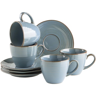 Mäser Serie Nottingham, Vintage Kaffeetassen Set für 4 Personen, Untertassen mit unregelmäßigen Rundungen im Retro Look, Steinzeug, Blau-Grau