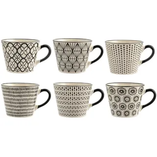 H+H Vhera 6er-Set Frühstückstassen – 340 ml – schwarz & elfenbein – Steingut – verschiedene Dekore – modernes Design