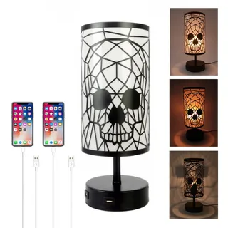 YNDD Totenkopf Lampe, Schädel Deko Skelett Nachttischlampe Touch Dimmbar, Schwarz Vintage Tischlampe, 2 USB Anschluss, 3 Helligkeit, Retro E27 Tischleuchte aus Metall für Halloween Deko, Schlafzimmer