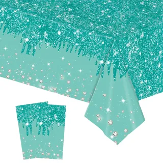 2 Stück Tischdecke Abwaschbar,Kunststoff Tischdecke Elastische Rechteckig Bierzeltgarnitur,137 * 274cm Blaugrün Paillette Druck Wasserabweisend Fleckschutz Tischtuch für Hochzeit Weihnachten Party