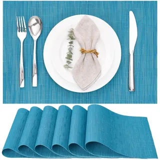 Myir JUN Tischsets Abwaschbar 6er Set, Gewebte Platzdeckchen Abwaschbar rutschfest Abgrifffeste Hitzebeständig, Vinyl Platzsets für küche Speisetisch Hotel, Platz-Matten 30x43.5cm (Blau)