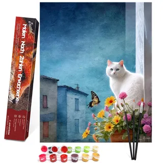 Bougimal Malen Nach Zahlen Erwachsene Landschaft Ohen Rahmen inklusive Pinsel und Acrylfarben - 40 x 50 cm, Katze und Blumen