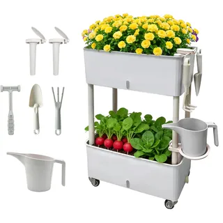 Zweistöckiges Hochbeet mit Rollen & Autobewässerung - Mobiles Kunststoff Hochbeet 46.6x25.5x70.5cm für Balkon & Terrasse - 40L Volumen, 2-Wochen Wassertank, Modulares Stapelsystem