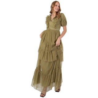 Anaya with Love Damen Maxikleid, V-Ausschnitt, Kurze Puffärmel, Gestufte Rüschen, Schlüsselloch, Hohe Empire-Taille, Khaki Kleid, Olivgrün, 40