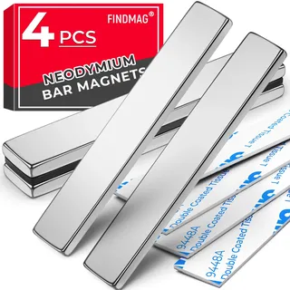 FINDMAG 4 Stück Magnetleiste, Seltenerd-Magnet, strapazierfähig, starke Neodym-Barmagnete mit doppelseitigem Klebstoff, 60 x 10 x 3 mm