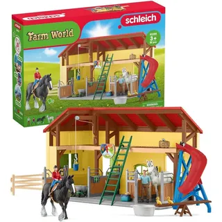 SCHLEICH Farm World | Pferdestall 42485 | Set inkl. Stall, 2 Pferden, 5 weiteren Tieren, 2 Bauer Figuren, Rutsche, Wippe & Zubehör | Geschenkidee für Kids | Bauernhof Spielzeug ab 3 Jahre | 82 Teile