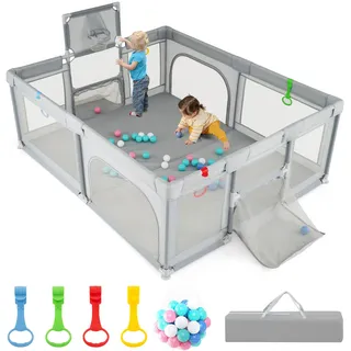 FANTASK Laufstall Baby, 188 x 157cm, Laufgitter Faltbar mit atmungsaktivem Netz, Krabbelgitter mit Basketballkorb, Fußballnetzen, 50 Ozeanbällen & Griffen, Tragetasche (Hellgrau)