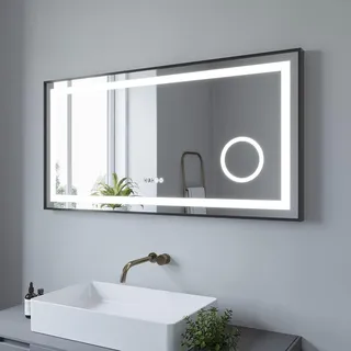 AQUABATOS® 120x60 cm LED Badspiegel mit Beleuchtung Badezimmerspiegel Digital Uhr Aluminiumrahmen Schwarz matt Touch Dimmbare Kaltweiß Beschlagfrei Heizung Schminkspiegel 3-Fach Vergrößerung