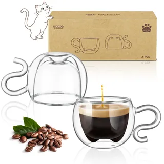ecooe 130ml Süße Katze Doppelwandige Espressotassen 2er-Set, Katzentasse Geburtstagsgeschenk Geschenke für Frauen, Männer, Mama, Kinder, Kaffeeglas Teegläser für Espresso,Tee,Macchiato,latte,Milch