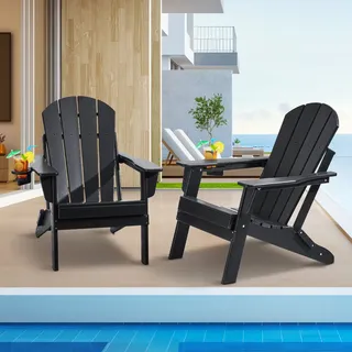 VEVOR Adirondack-Stuhl aus Kunststoff, 2er-Set, wetterfest, tragbar, klappbar, Feuerstellenstuhl, Adirondack-Terrassenstuhl für den Außenbereich mit Getränkehalter, mit entspannender Armlehne, ergonomisch, für Garten, Hinterhof – Schwarz