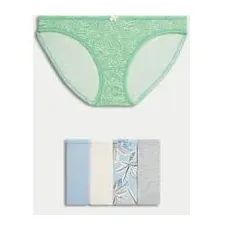 Womens M&S Collection 5er-Pack gemusterte Bikinislips aus Baumwolle und LycraTM - Dusty Blue, Dusty Blue, UK 8 (EU 36)