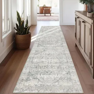 Homcomodar Boho Flur Runner Teppich 65x240cm rutschfeste Waschbare Distressed Kitchen Runner Teppiche Vintage Boden Teppich Runner für Flur Entryway Wäsche Daneben