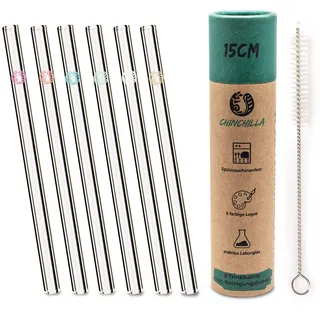 Chinchilla 6er-Pack Glas Strohhalme | 15cm Transparent mit Logos | Wiederverwendbare & Plastikfreie Trinkhalme aus BPA-freiem Glas | inklusive Aufbewahrung & Reinigungsbürste, CC-1021-0