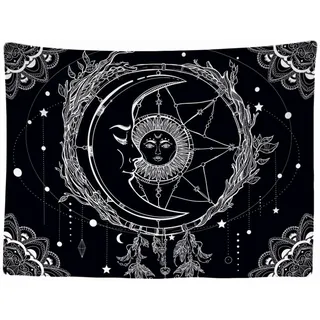 Ulticool Wandteppich, dekorativ, Schlafzimmer, Sonne, Mond, Mandala, schwarz, weiß, Tarot, 200 x 150 cm, groß, Tapestry Aesthetic Wall