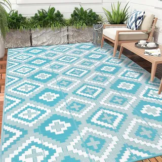 Enyhom Groß Außenteppich 240 x 300 cm, Robuster Flachgewebe Kunststoff Picknickdecke, Wendbarer UV-beständige Campingmatte, Wasserdicht Farbecht Balkonteppich für Outdoor RV Camping, Türkis