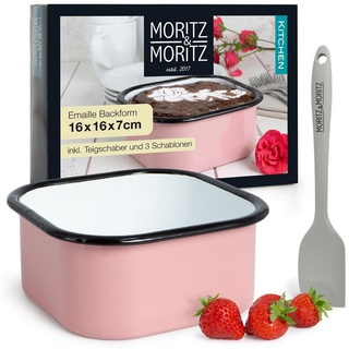 Moritz & Moritz Mini Kuchenform Quadratisch 16 cm Emaille – Kleine Emaille Backform Eckig für Kuchen oder Lasagne – Inkl. Teigschaber, 3 Deko-Schablonen und Rezeptheft