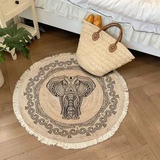 Aniyan Handgewebter Baumwollteppich Rund Boho Stil mit Fransen, Geflochtener Teppich Waschbar Faltbar, Weicher Teppich für Wohnzimmer Schlafzimmer Küche Flur (Ø 80cm,Muster G)