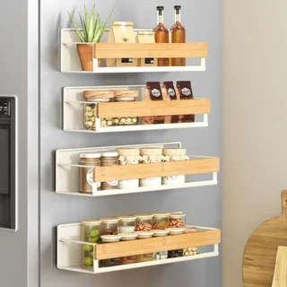SONGMICS Gewürzregal magnetisch, 4er Set, 2 große und 2 kleine Regale, Gewürz-Organizer ohne Bohren, Magnetregal, für Küche, Kühlschrank, Mikrowelle, Waschmaschine, cremeweiß-naturbeige KCS062WD01