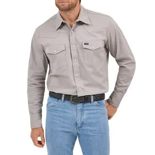 Wrangler Herrenhemd, hochwertige Performance mit erweitertem Komfort, Cowboy-Schnitt, Langarm, mit Spreizkragen, einfarbig, Cement, L