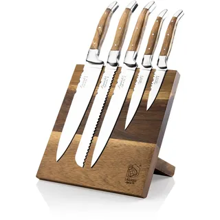 Laguiole Style de Vie Messerset Luxury Line, 5-teilig, Magnetischer Messerblock, Olivenholz
