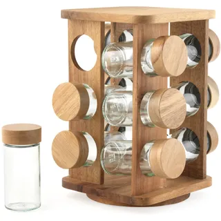 SALTER Toronto Drehbares Gewürzregal – 12 Kompakte Nachfüllbare Glasbehälter inkl. Gewürzetiketten, Schraubverschluss, FSC-Akazienholz & Schraubdeckel, Langanhaltende Frische, Drehbarer Sockel