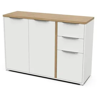 Demeyere Modernes Sideboard mit 3 Türen und 2 Schubladen – Skandinavischer Stil – Farben Mattweiß und Eiche Hamilton – 121,5 x 39,6 x 85,6 cm