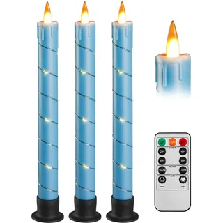LED Stick Kerze mit Timer-Funktion, blinkende Flamme LED Echtwachskerze mit Fernbedienung, Märchenleuchte Kerze LED 3 Stück (2 x 25CM) für Weihnachtsdekoration, Raumdekoration, Hochzeit & Party (blau)