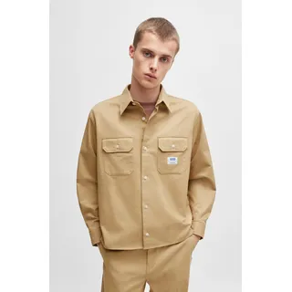 Langarmhemd HUGO BLUE "Ekynone", Herren, Gr. XL, N-Gr, beige (medium beige269), Web, Obermaterial: 100% Baumwolle, unifarben, relaxed fit, hoch geschlossener Ausschnitt, eingesetzt 1-Knopf-Manschette, Hemden Langarmhemd, mit Brusttaschen