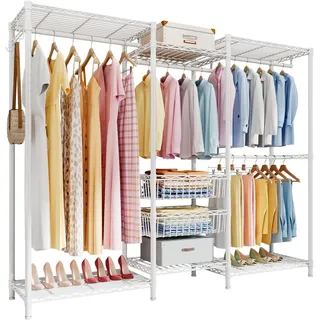 FTEYUET Kleiderständer Schwerlast Kleiderstange Kleiderschrank Freistehender Kleiderbügel mit Höhenverstellbaren Einlegeböden und Aufbewahrungskörbe, bis 320 kg belastbar, Weiß