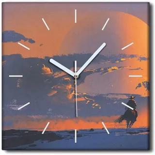 Coloray Uhr auf Leinwand 30x30 cm Wand Uhr Dekoration Wohnzimmer Segeltuch weiße Zeiger -Cowboy Western Horse. - Bunt
